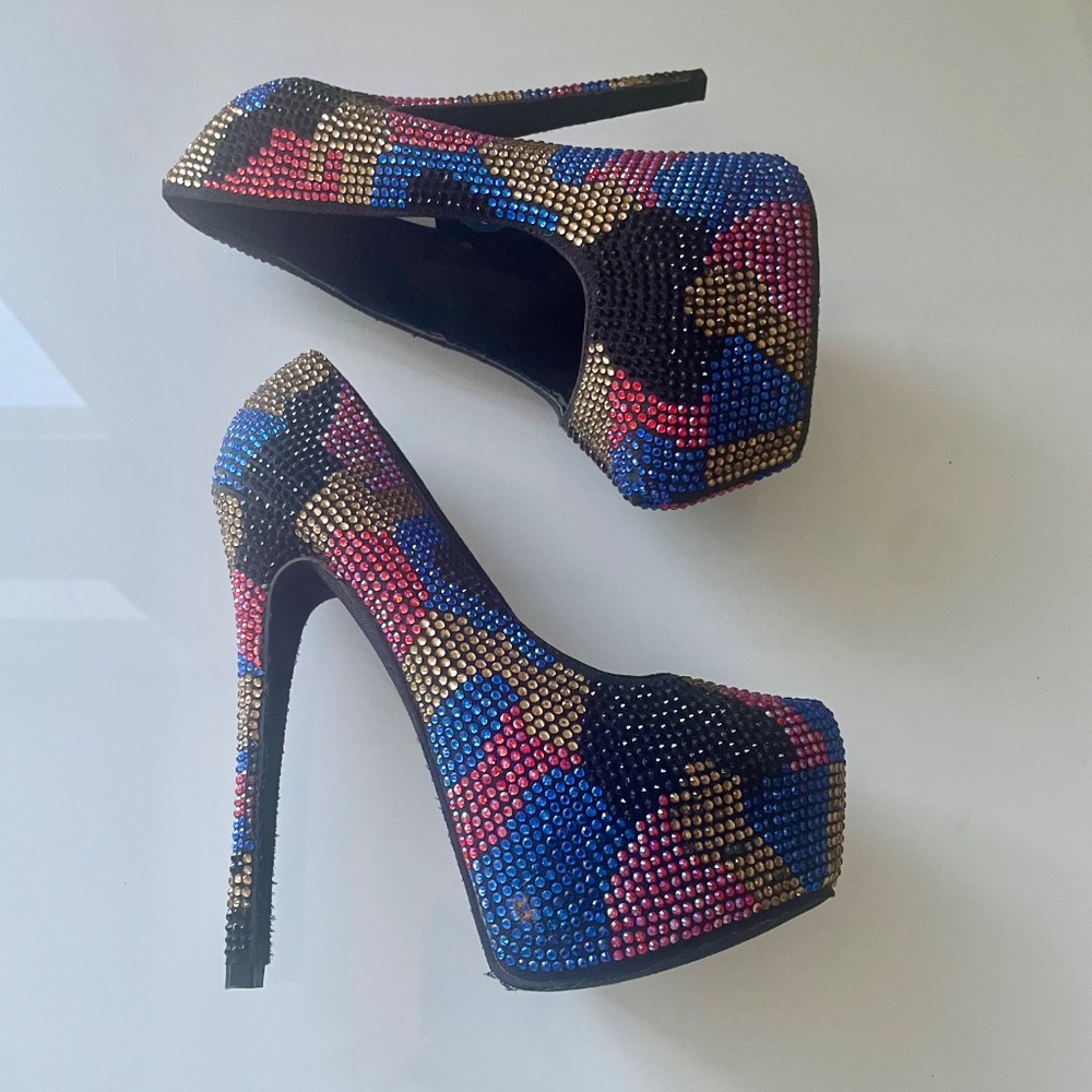Platform Disco Heel Shoes, Size 5.5, Multicoloured High Heel Sequin Shoes